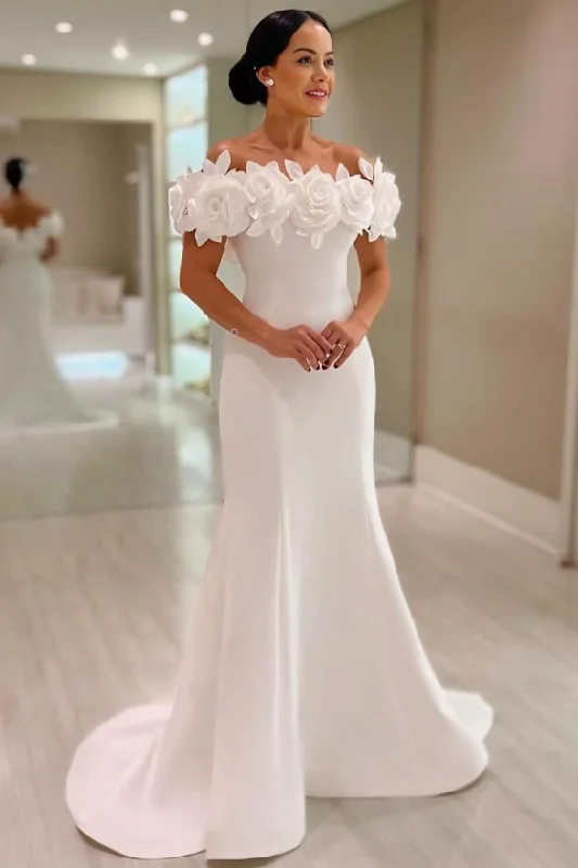 Empire - waisted tea - length wedding dress2025 Sheath Bridal Gown with Flowers Off-the-shoulder Empire - waisted tea - length wedding dress2025 Sheath Bridal Gown with Flowers Off-the-shoulder
