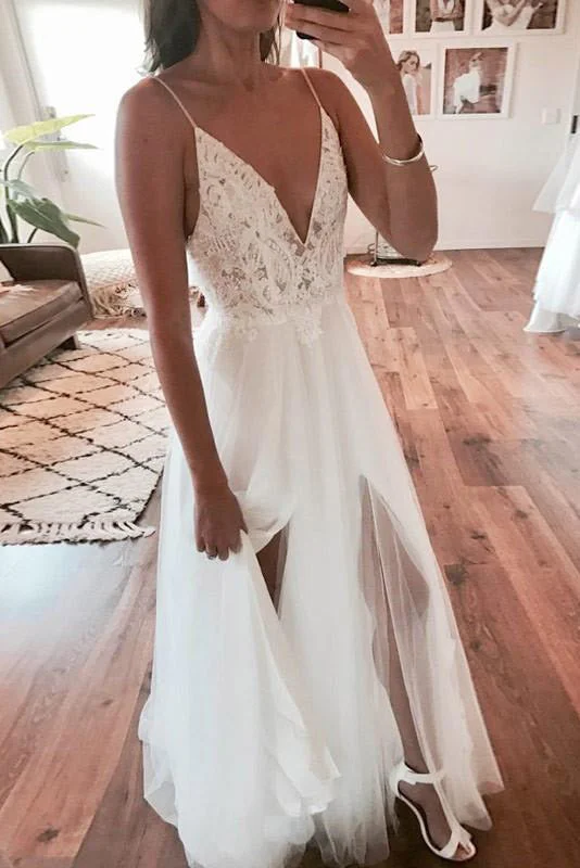 Military - inspired wedding dressLong Spaghetti Strap A-line V-Neck White Wedding Dress with Lace Military - inspired wedding dressLong Spaghetti Strap A-line V-Neck White Wedding Dress with Lace