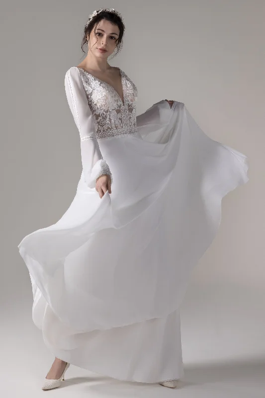 Princess - style wedding dress with a big skirtA-Line Floor Length Lace Chiffon Wedding Dress CW2778 Princess - style wedding dress with a big skirtA-Line Floor Length Lace Chiffon Wedding Dress CW2778