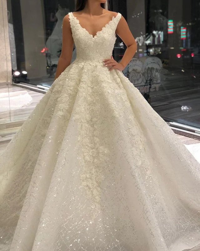 Plus - size A - line wedding dress for a comfortable fitSequins Tulle Ball Gown Wedding Dress Lace V Neck Plus - size A - line wedding dress for a comfortable fitSequins Tulle Ball Gown Wedding Dress Lace V Neck