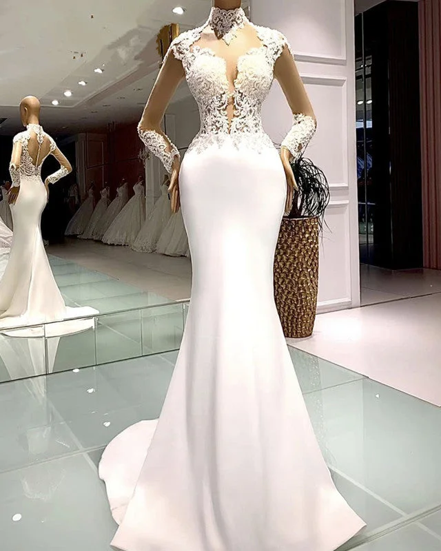 Open - back wedding dress for a sexy lookLong Sleeves Mermaid Wedding Dress High Neck Lace Appliques Open - back wedding dress for a sexy lookLong Sleeves Mermaid Wedding Dress High Neck Lace Appliques