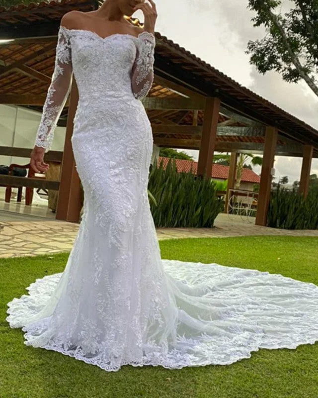 Church - suitable long - sleeved wedding dressLong Sleeves Mermaid Wedding Dress Lace Off The Shoulder Church - suitable long - sleeved wedding dressLong Sleeves Mermaid Wedding Dress Lace Off The Shoulder