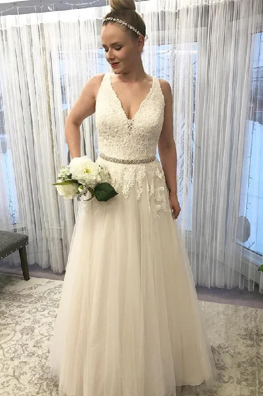 Polka - dot wedding dress for a fun touchPrincess Long V-Neck A-line Ivory Wedding Dress with Beads Polka - dot wedding dress for a fun touchPrincess Long V-Neck A-line Ivory Wedding Dress with Beads