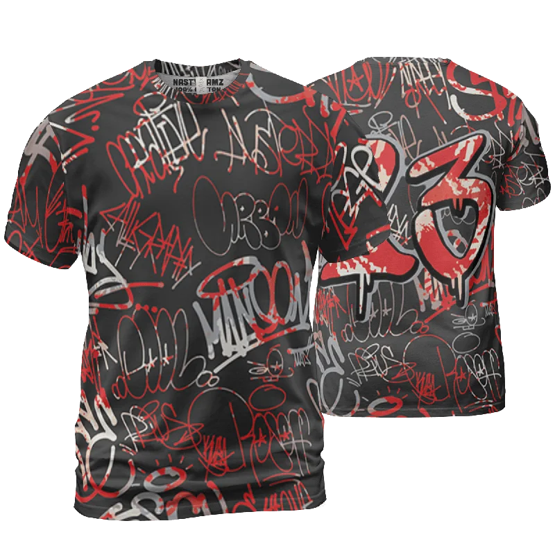 Women's T - shirt with a lace - detailed sleeveNastyJamz Bred Reimagined 4s T Shirt Match 23 Hiphop 3D All-Over Print Graffiti Pattern Women's T - shirt with a lace - detailed sleeveNastyJamz Bred Reimagined 4s T Shirt Match 23 Hiphop 3D All-Over Print Graffiti Pattern