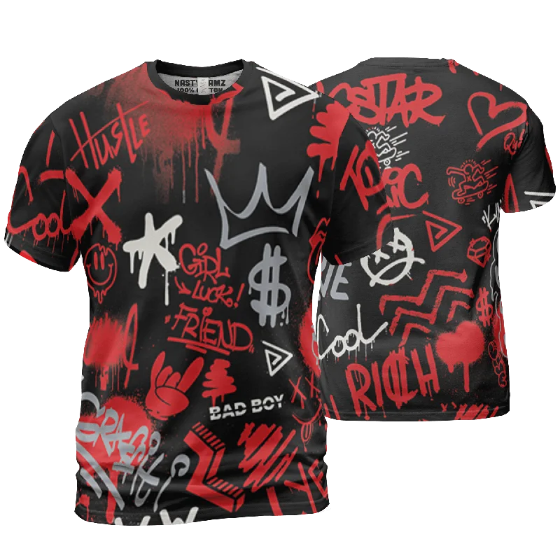Printed women's T - shirt with a tropical patternNastyJamz Bred Reimagined 4s T Shirt Match Graffiti King 3D All-Over Print Doodle Style Printed women's T - shirt with a tropical patternNastyJamz Bred Reimagined 4s T Shirt Match Graffiti King 3D All-Over Print Doodle Style