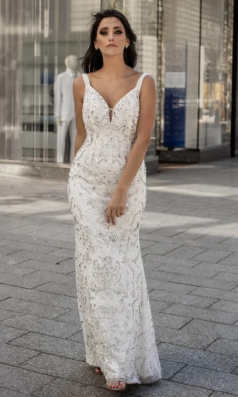 Ballroom - ready luxury wedding dressChic and Holland - HF1539 Embellished Deep V Neck Long Gown Ballroom - ready luxury wedding dressChic and Holland - HF1539 Embellished Deep V Neck Long Gown