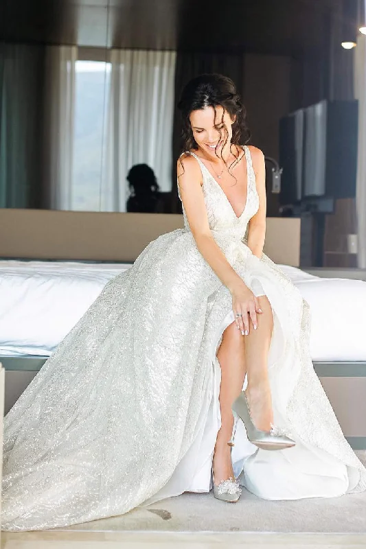 Affordable minimalist wedding dress for budget bridesSparkly Long V-Neck A-line White Wedding Dress with Slit Affordable minimalist wedding dress for budget bridesSparkly Long V-Neck A-line White Wedding Dress with Slit