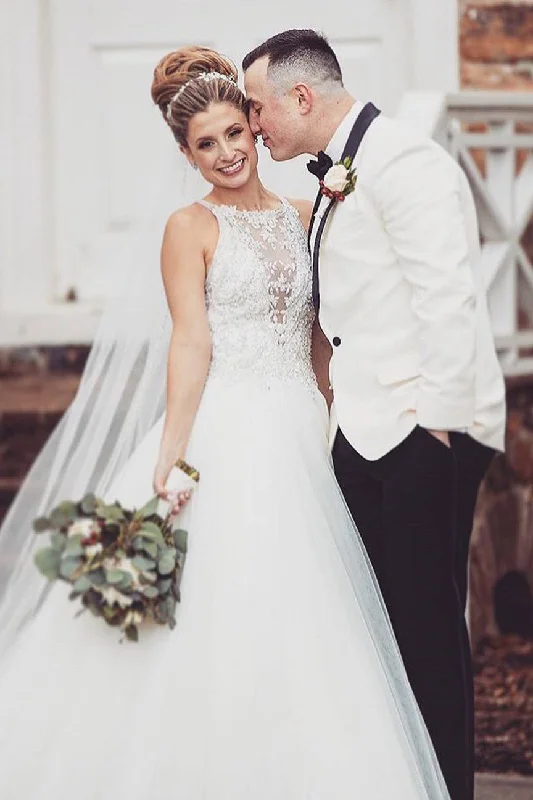 Diamond - encrusted wedding dress for a luxurious feelPrincess Long Jewel Neck A-line White Wedding Dress with Lace Diamond - encrusted wedding dress for a luxurious feelPrincess Long Jewel Neck A-line White Wedding Dress with Lace