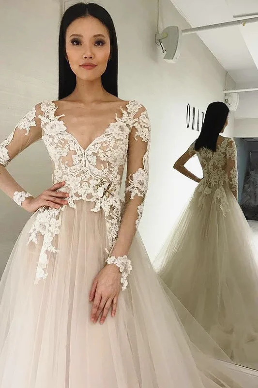 High - low hem wedding dress for a trendy touchLong Sleeves A-line V-Neck Ivory Wedding Dress with Appliques High - low hem wedding dress for a trendy touchLong Sleeves A-line V-Neck Ivory Wedding Dress with Appliques