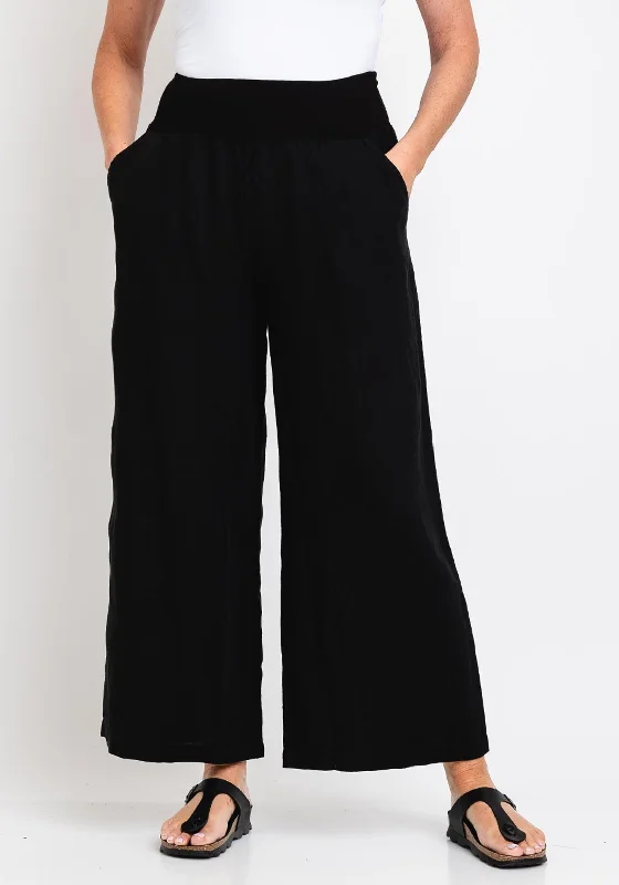 Sequined wide leg pants for women at clubEver Sassy Wide Leg Linen Trousers, Black