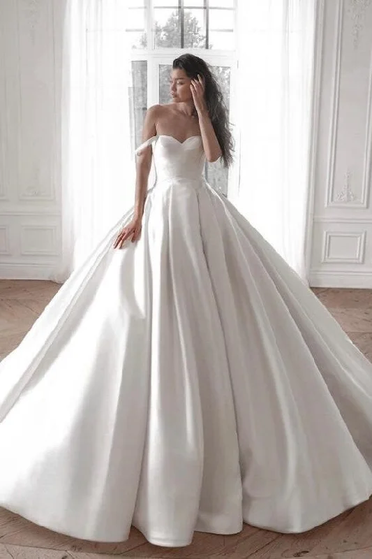 Jeweled - bodice wedding dress for a sparkly lookFull A-line Satin Bridal Dress with Off-the-shoulder Neckline Jeweled - bodice wedding dress for a sparkly lookFull A-line Satin Bridal Dress with Off-the-shoulder Neckline