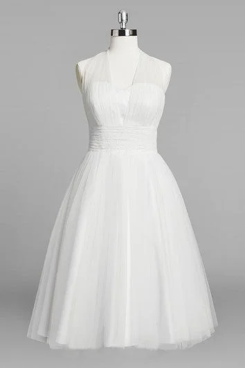 Illusion - sleeved wedding dress for a delicate lookHalter A-Line Short Tulle Wedding Dress With Ruching Illusion - sleeved wedding dress for a delicate lookHalter A-Line Short Tulle Wedding Dress With Ruching