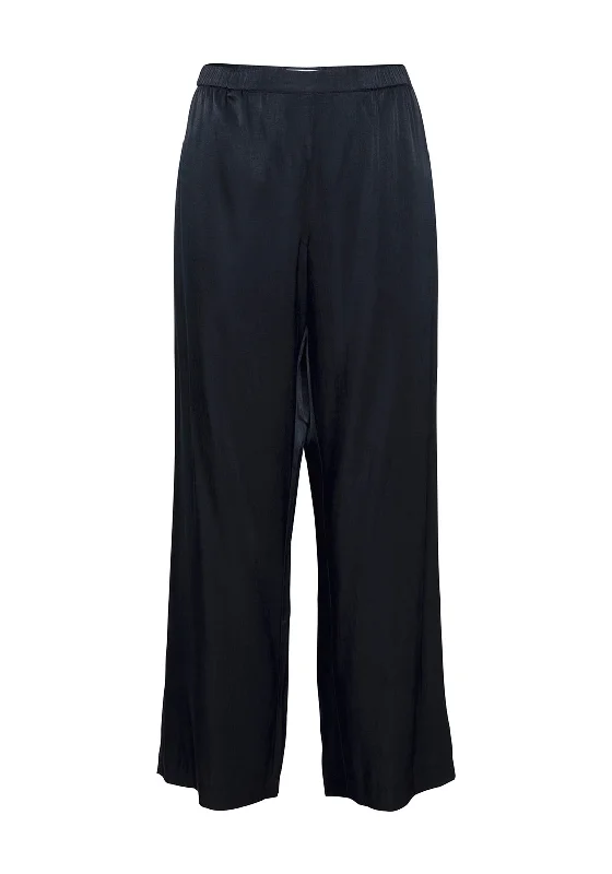 Linen blend palazzo pants for women in a breezy styleIchi Satin Wide Leg Trousers, Total Eclipse Linen blend palazzo pants for women in a breezy styleIchi Satin Wide Leg Trousers, Total Eclipse