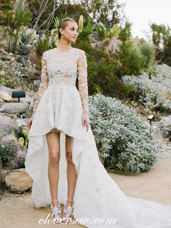 Sheath - style wedding dress with a slitIllusion Gorgeous Beaded Lace Long Sleeves High Low Wedding Dresses, CW0260 Sheath - style wedding dress with a slitIllusion Gorgeous Beaded Lace Long Sleeves High Low Wedding Dresses, CW0260