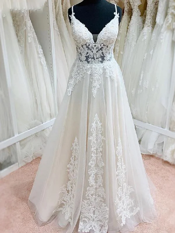 Short - and - sweet tea - length wedding dressIvory Lace Tulle V-Neck Backless Floor-Length Spaghetti Straps A-Line Wedding Dresses prom dress cg22090 Short - and - sweet tea - length wedding dressIvory Lace Tulle V-Neck Backless Floor-Length Spaghetti Straps A-Line Wedding Dresses prom dress cg22090