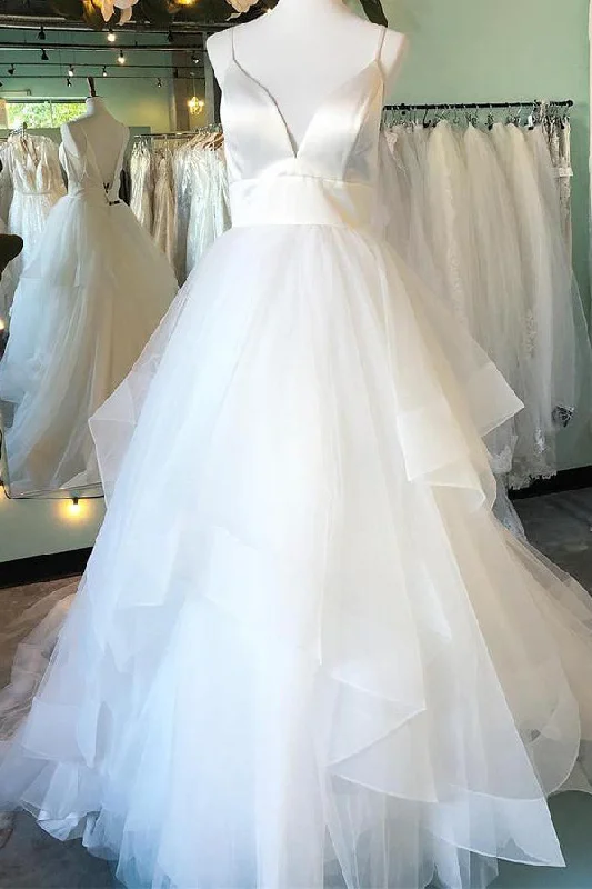 Garden - wedding - appropriate flowy wedding dressLong Spaghetti Strap A-line White Bridal Dress with Ruffles Garden - wedding - appropriate flowy wedding dressLong Spaghetti Strap A-line White Bridal Dress with Ruffles