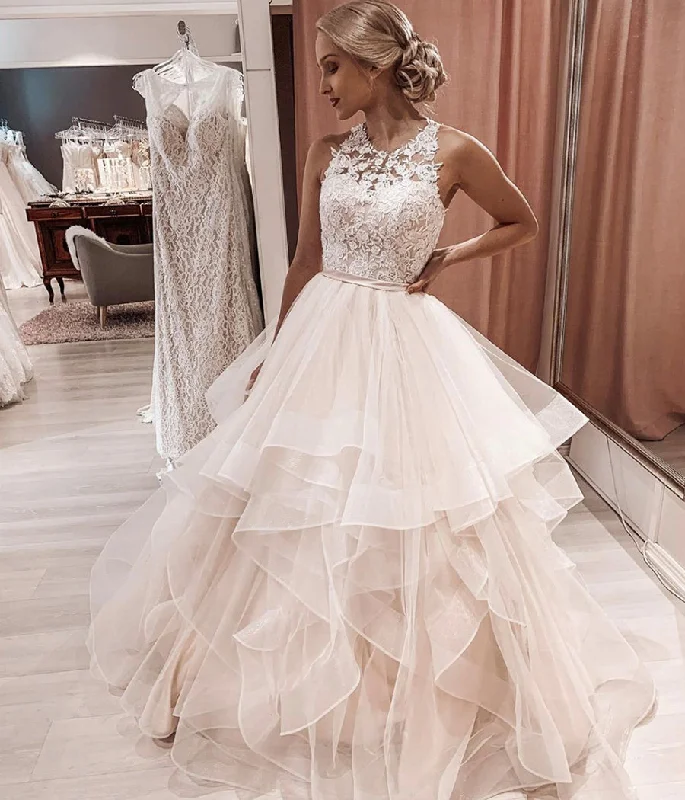 Plunging - neckline wedding dress for a bold lookJewel Neck Lace Tulle Modern Wedding Dresses Ball Gown with Sash Bodice Prom Dress cg22092 Plunging - neckline wedding dress for a bold lookJewel Neck Lace Tulle Modern Wedding Dresses Ball Gown with Sash Bodice Prom Dress cg22092