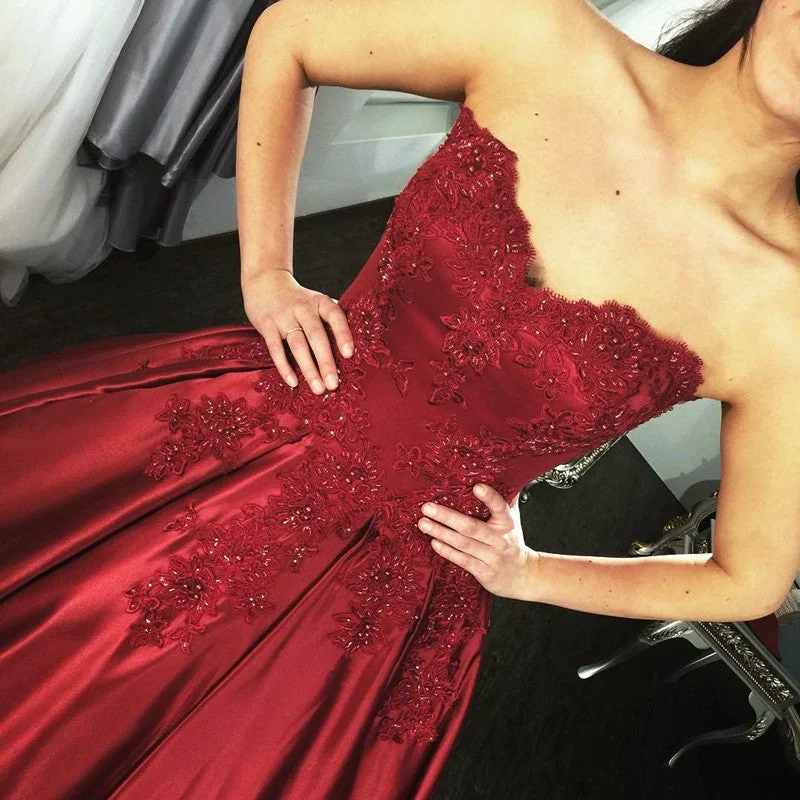 Evening - ready ball gown wedding dressLace Appliques Long Satin Burgundy Wedding Dresses Ball Gowns Evening - ready ball gown wedding dressLace Appliques Long Satin Burgundy Wedding Dresses Ball Gowns