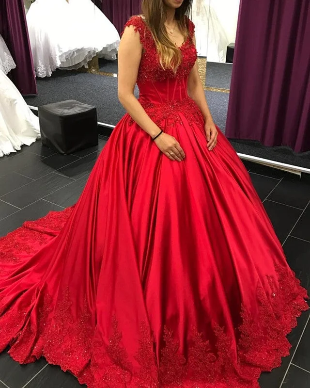 Outdoor - wedding - perfect lightweight wedding dressLace Appliques V-neck Chapel Train Satin Ball Gowns Quinceanera Dress Outdoor - wedding - perfect lightweight wedding dressLace Appliques V-neck Chapel Train Satin Ball Gowns Quinceanera Dress