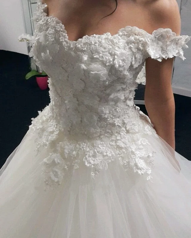 Drop - waist 1920s - style wedding dressLace Flowers Off Shoulder Tulle Ball Gown Wedding Dresses Drop - waist 1920s - style wedding dressLace Flowers Off Shoulder Tulle Ball Gown Wedding Dresses