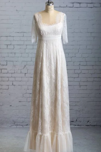 Halter - neck wedding dress for a modern lookLace Long Square-Neck Half-Illusion-Sleeved Dress With Bow Halter - neck wedding dress for a modern lookLace Long Square-Neck Half-Illusion-Sleeved Dress With Bow