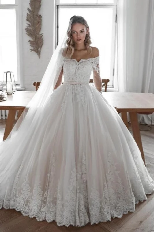 Empire - waisted tea - length wedding dressLace Tulle Bridal Gown with Off-the-shoulder Sleeves Empire - waisted tea - length wedding dressLace Tulle Bridal Gown with Off-the-shoulder Sleeves