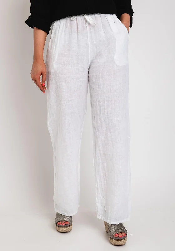 Embroidered wide leg linen pants for women in a natural and elegant styleSerafina Collection One Size Linen Wide Trouser, White Embroidered wide leg linen pants for women in a natural and elegant styleSerafina Collection One Size Linen Wide Trouser, White