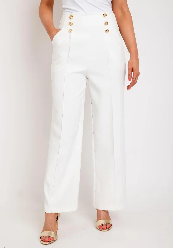 Trousers with front pleats for women in a formal and tailored lookThe Sofia Collection Wide Leg Button Trousers, White Trousers with front pleats for women in a formal and tailored lookThe Sofia Collection Wide Leg Button Trousers, White