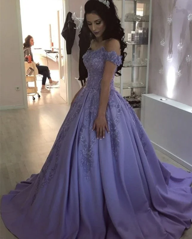 Detachable skirt wedding dress for versatilityLilac Lace Flowers Beaded V-neck Ball Gown Satin Dresses Off Shoulder Detachable skirt wedding dress for versatilityLilac Lace Flowers Beaded V-neck Ball Gown Satin Dresses Off Shoulder
