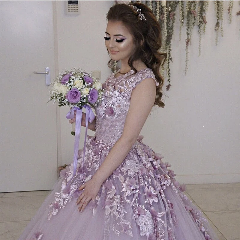 Floral - appliqued wedding dress for a feminine lookLilac Tulle Cap Sleeves Wedding Dresses With Floral Flowers Floral - appliqued wedding dress for a feminine lookLilac Tulle Cap Sleeves Wedding Dresses With Floral Flowers