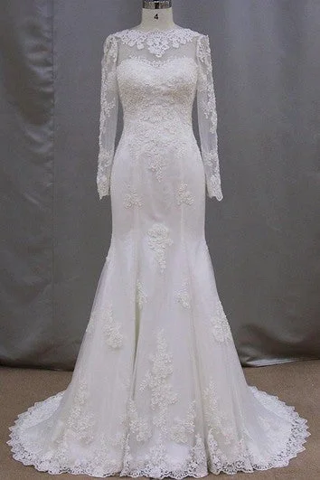 Smart - casual wedding dress for a laid - back ceremonyLong Sleeve Mermaid High Neck Lace Dress With Lace-Up Back Smart - casual wedding dress for a laid - back ceremonyLong Sleeve Mermaid High Neck Lace Dress With Lace-Up Back