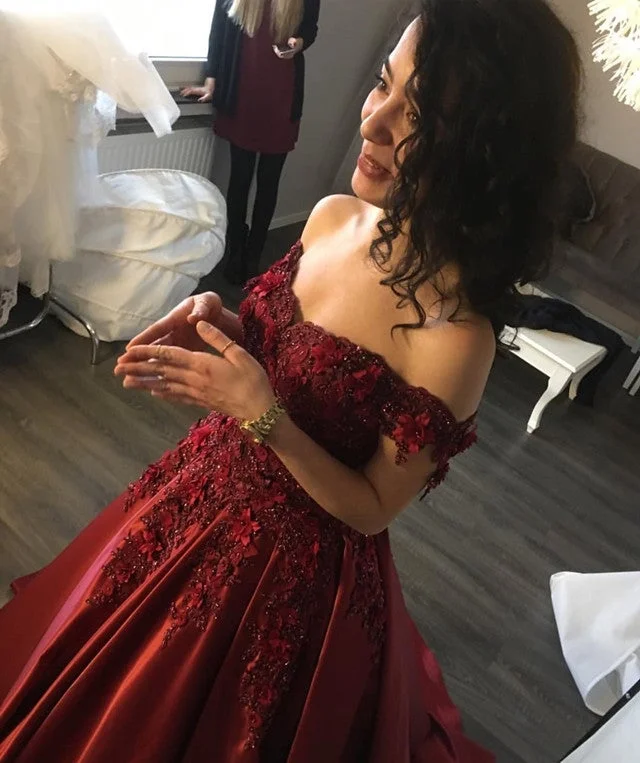 Chiffon - draped empire waist wedding dressMaroon Satin Ball Gown Lace Off Shoulder Chiffon - draped empire waist wedding dressMaroon Satin Ball Gown Lace Off Shoulder