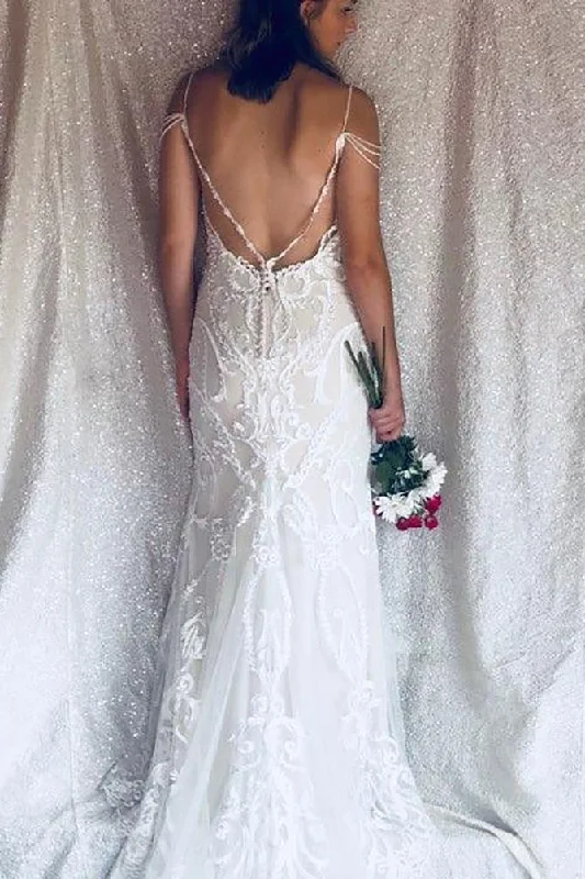 Mermaid - fit wedding dress with a trumpet skirtLong Open Back Mermaid V-Neck Ivory Bridal Dress with Lace Mermaid - fit wedding dress with a trumpet skirtLong Open Back Mermaid V-Neck Ivory Bridal Dress with Lace