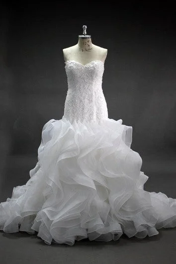 Formal satin wedding dress with a long trainMermaid Lace and Organza Dress With Cascading Ruffles Formal satin wedding dress with a long trainMermaid Lace and Organza Dress With Cascading Ruffles