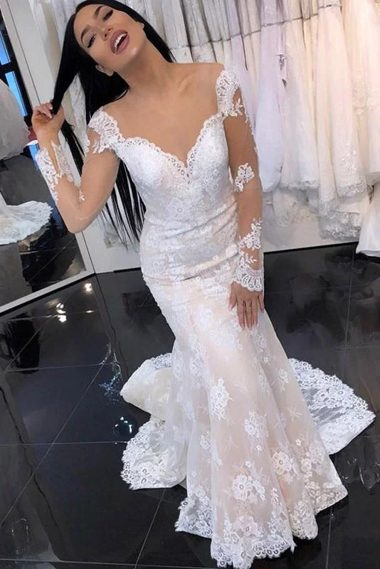 Imported high - quality wedding dressPrincess Long Sleeves Mermaid V-Neck Ivory Wedding Dress with Lace Imported high - quality wedding dressPrincess Long Sleeves Mermaid V-Neck Ivory Wedding Dress with Lace