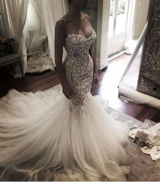 Fit - and - flare wedding dress with a big bowMermaid Sweet heart Lace Sexy Wedding Dresses, Spaghetti Strap Backless Charming Wedding Dresses prom gown cg23231 Fit - and - flare wedding dress with a big bowMermaid Sweet heart Lace Sexy Wedding Dresses, Spaghetti Strap Backless Charming Wedding Dresses prom gown cg23231