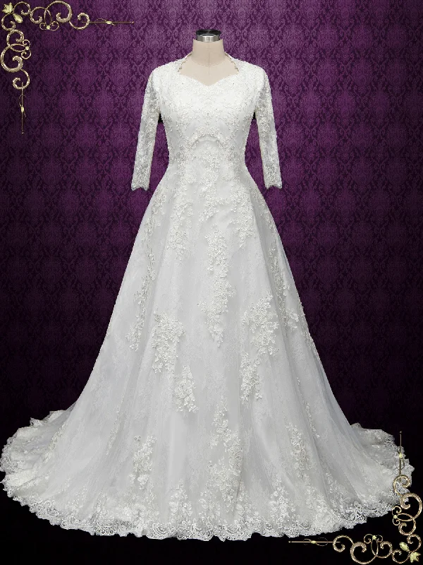 Padded - bust wedding dress for added supportModest Lace Wedding Dress with Queen Anne Neckline LILLIAN Padded - bust wedding dress for added supportModest Lace Wedding Dress with Queen Anne Neckline LILLIAN