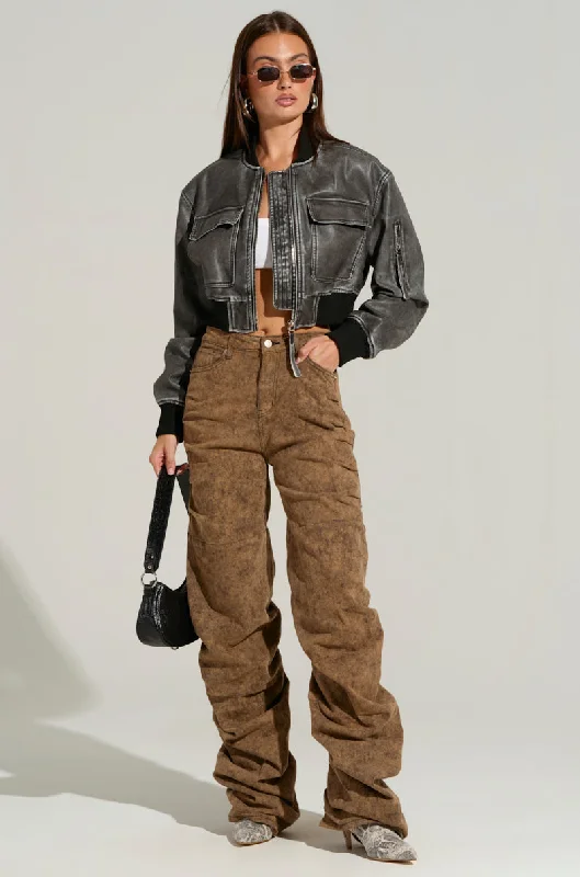 Embroidered denim wide leg pants for women in a unique and eye - catching styleNEVER CHANGE UP RUCHED PANT Embroidered denim wide leg pants for women in a unique and eye - catching styleNEVER CHANGE UP RUCHED PANT