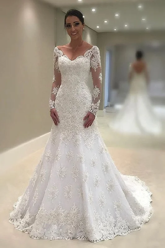 Cape - backed wedding dress for a dramatic entranceNew Style Mermaid Wedding Dresses V Neck Long Sleeve Tulle With Applique and Beads Prom Dresses cg23680 Cape - backed wedding dress for a dramatic entranceNew Style Mermaid Wedding Dresses V Neck Long Sleeve Tulle With Applique and Beads Prom Dresses cg23680