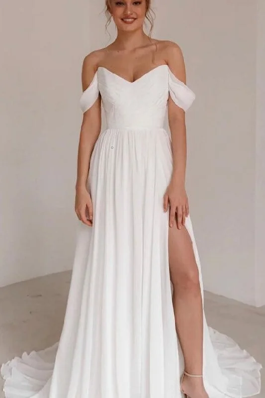 Metallic - thread - detailed wedding dressPleated Chiffon Summer Wedding Dress with Off-the-shoulder Sleeves Metallic - thread - detailed wedding dressPleated Chiffon Summer Wedding Dress with Off-the-shoulder Sleeves