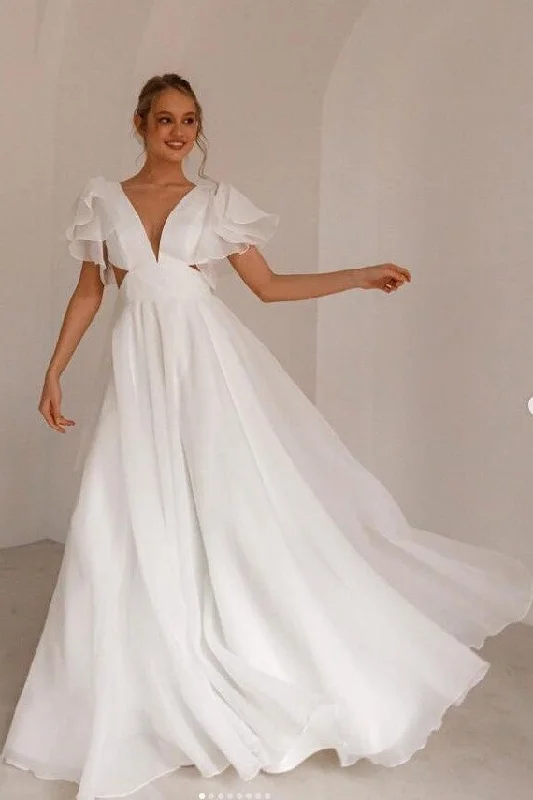 Garden - wedding - appropriate flowy wedding dressPlunging Beach Wedding Dress with Flounce Sleeves Garden - wedding - appropriate flowy wedding dressPlunging Beach Wedding Dress with Flounce Sleeves