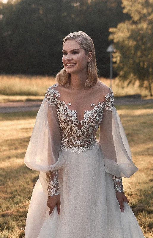 Sheath - style wedding dress with a slitPuffy Sleeves Illusion Neck A-Line Wedding Dress Sheath - style wedding dress with a slitPuffy Sleeves Illusion Neck A-Line Wedding Dress