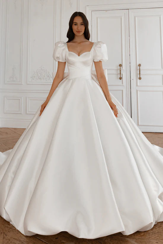 Modest - style wedding dress for a conservative brideSatin Long Train Wedding Gown with Puff Sleeves Modest - style wedding dress for a conservative brideSatin Long Train Wedding Gown with Puff Sleeves