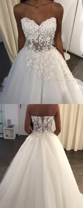 Applique - adorned mermaid wedding dressSee Through Corset Wedding Dresses Tulle Sweetheart Ball Gown Appliques prom dress for women   cg22015