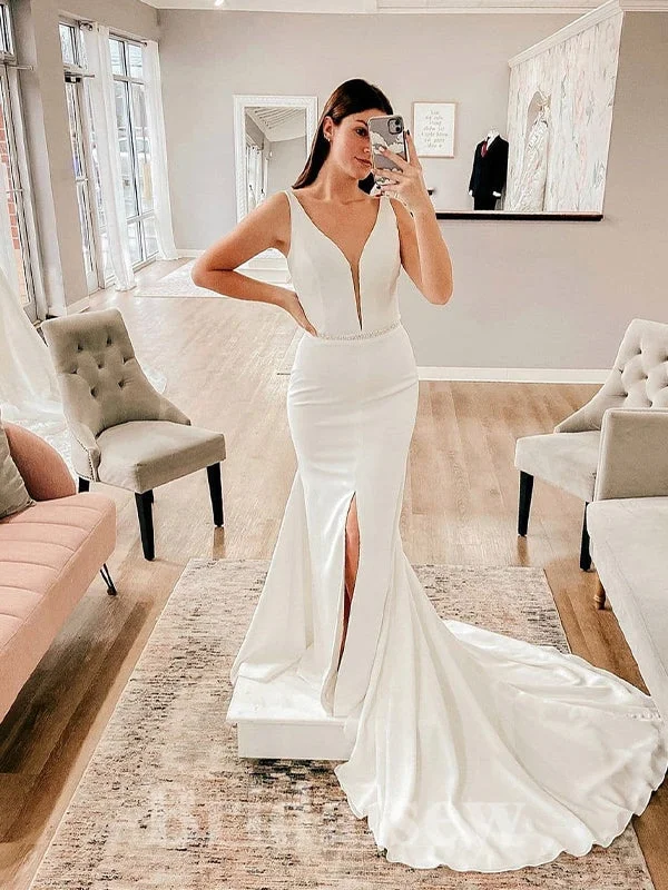 Formal satin wedding dress with a long trainSimple Satin V-Neck Mermaid Classic Slit Beach Vintage Long Wedding Dresses WD393 Formal satin wedding dress with a long trainSimple Satin V-Neck Mermaid Classic Slit Beach Vintage Long Wedding Dresses WD393