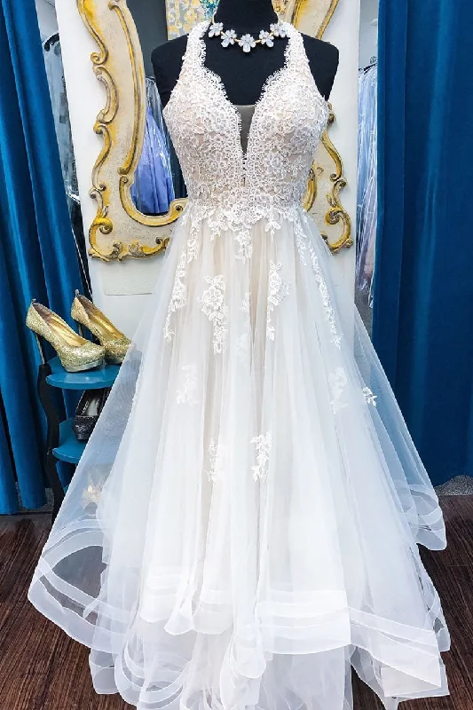 Chiffon - draped empire waist wedding dressLong Illusion V-Neck A-line Halter Ivory Wedding Dress with Lace Chiffon - draped empire waist wedding dressLong Illusion V-Neck A-line Halter Ivory Wedding Dress with Lace
