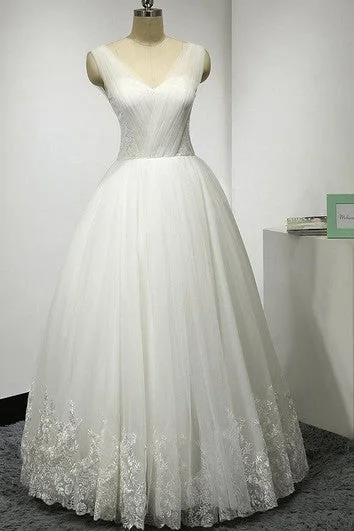 Lace - up back wedding dress for a customizable fitSleeveless V-Neck A-Line Tulle Gown With Lace Hemline and Pleats Lace - up back wedding dress for a customizable fitSleeveless V-Neck A-Line Tulle Gown With Lace Hemline and Pleats