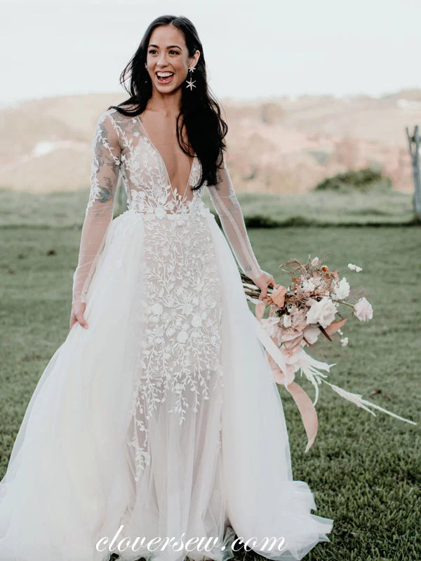 Polka - dot wedding dress for a fun touchStunning 3D Lace Long Sleeves Mermaid Dechable Train Wedding Dresses, CW0258 Polka - dot wedding dress for a fun touchStunning 3D Lace Long Sleeves Mermaid Dechable Train Wedding Dresses, CW0258