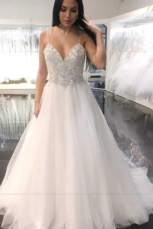 Satin - and - lace combination wedding dressLong Spaghetti Strap A-line White Wedding Dress with Beads Satin - and - lace combination wedding dressLong Spaghetti Strap A-line White Wedding Dress with Beads