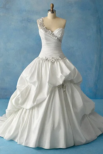 Illusion - sleeved wedding dress for a delicate lookTaffeta One-Shoulder Ball Gown With Tiers Illusion - sleeved wedding dress for a delicate lookTaffeta One-Shoulder Ball Gown With Tiers